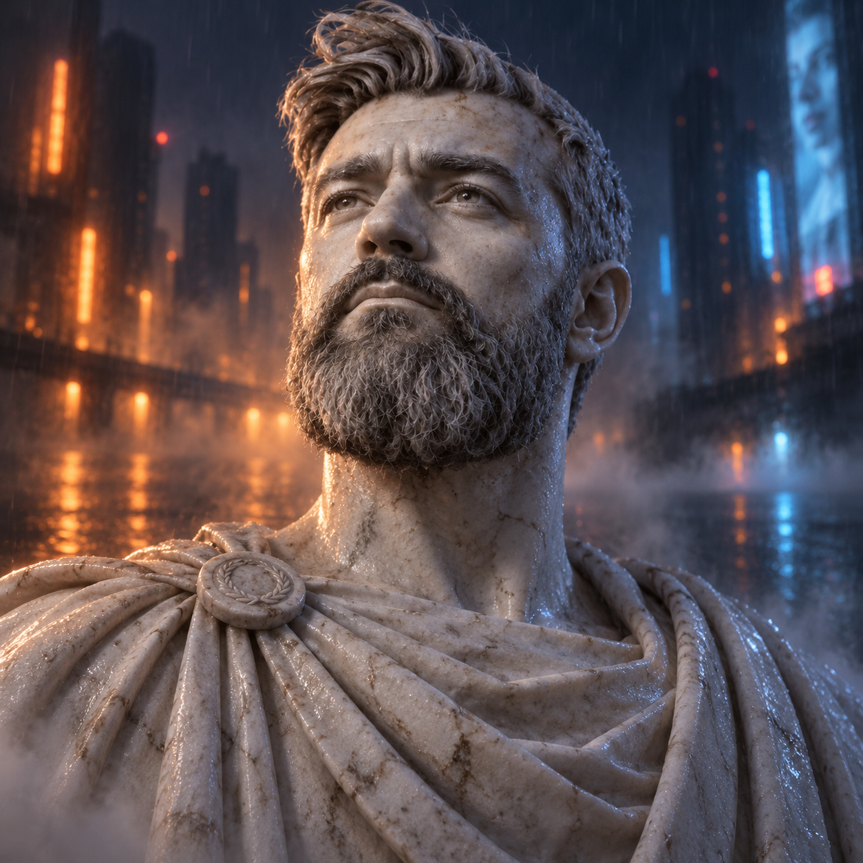 Adriano Muzzi trasformato in statua di marmo, emblema di Electric Fog